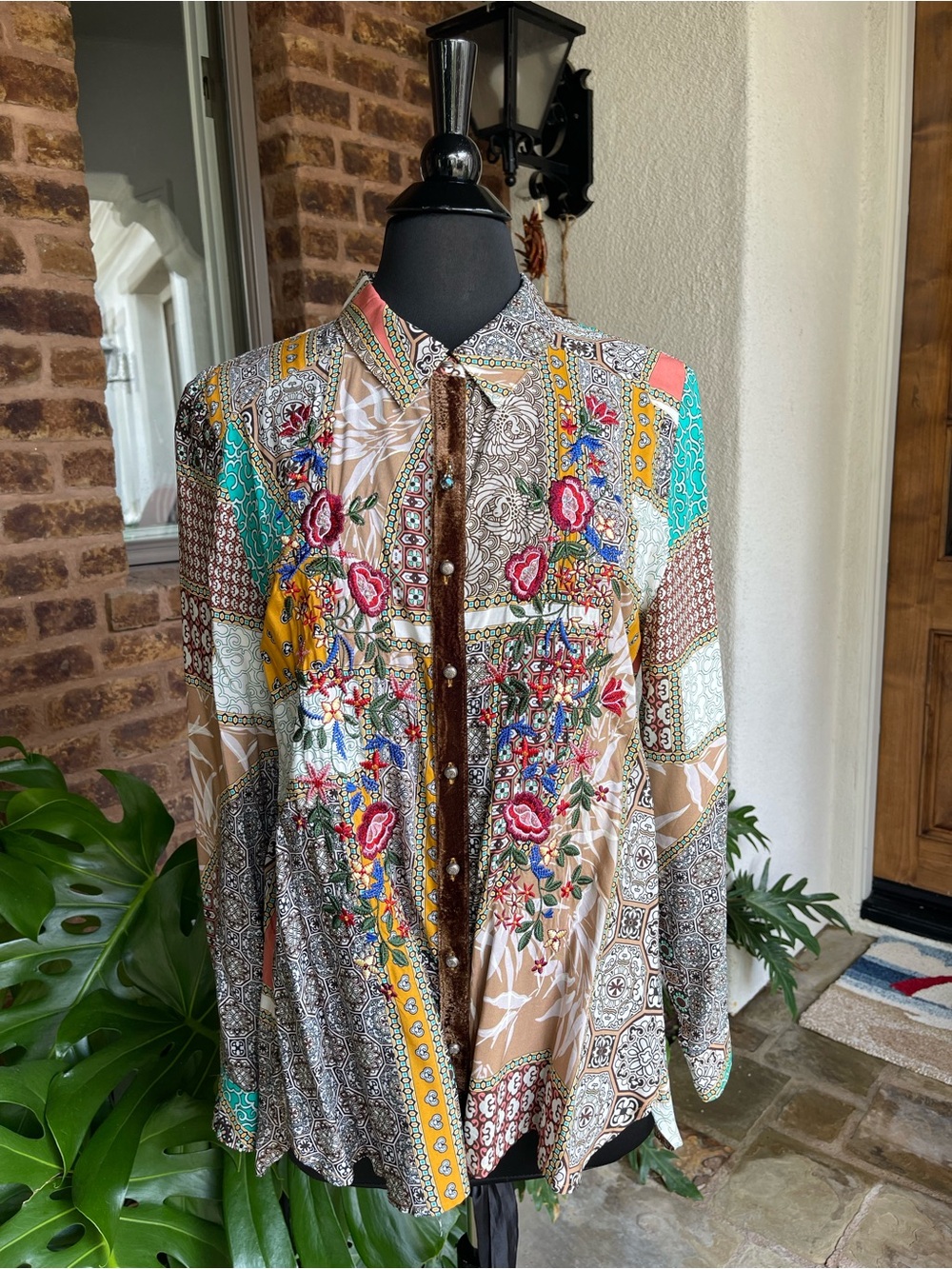 Aratta Brown Teal & White Mixed Print Blouse